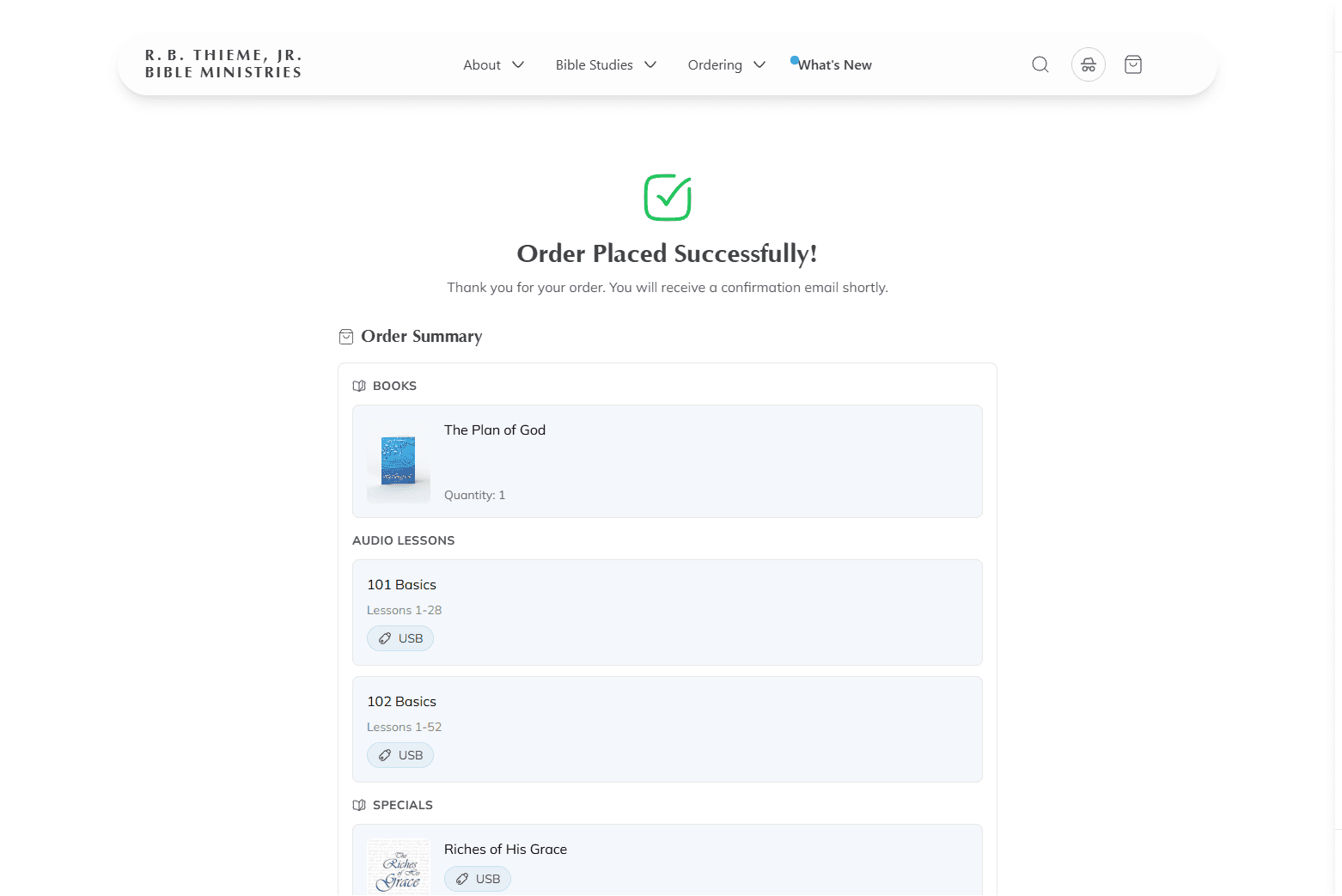 Screenshot: Order confirmation page