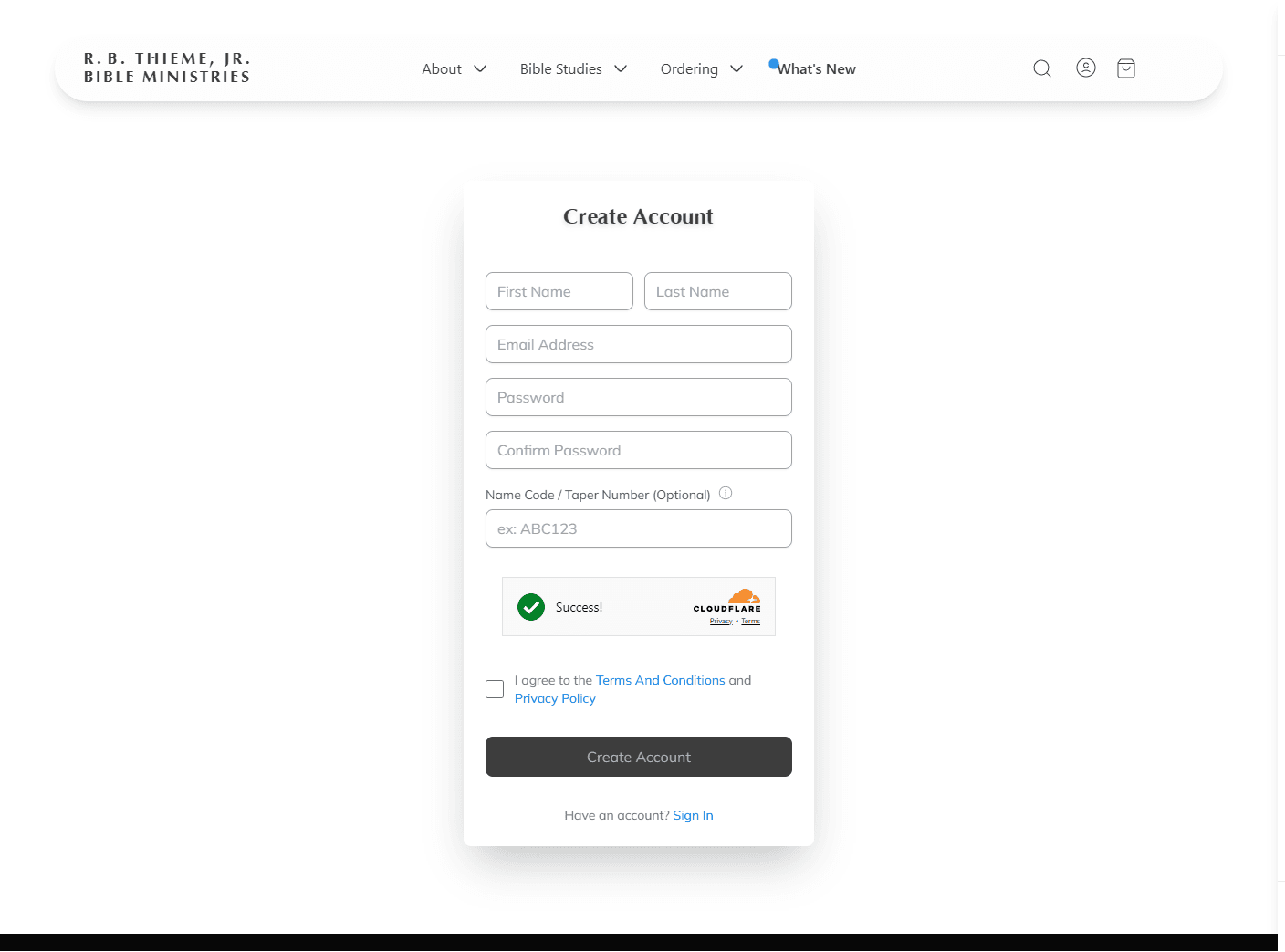 Screenshot: Sign up form